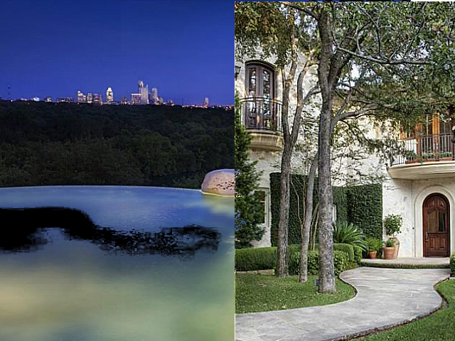 A diptych with an infinity pool looking at Austin skyline on left side and a small, densely wooded house on the right side